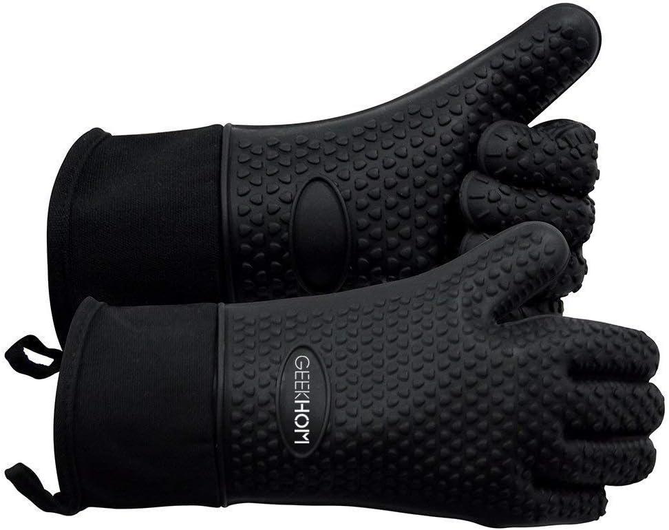 GEEKHOM BBQ Gloves, Grilling Gloves Heat Resistant Oven Gloves, Kitchen Silicone Oven Mitts, Long Waterproof Non-Slip Pot Holder for Barbecue, Cooking, Baking, Black (One Size Fits Most)