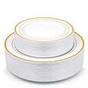 Gold Plastic Plates, MCIRCO 100 Pieces Disposable Party Plates for Weddings, Premium Gold Rim Plates, Include 50 10.25 Inch Dinner Plates and 50 7.5 Inch Dessert Appetizer Plates