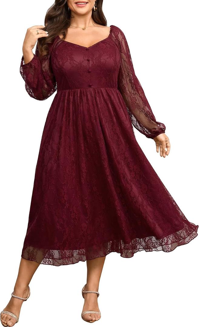 SCOMCHIC Womens Plus Size Cocktail Dress Wedding Guest Lace Long Sleeve Formal Party Maxi Dresses, 4XL
