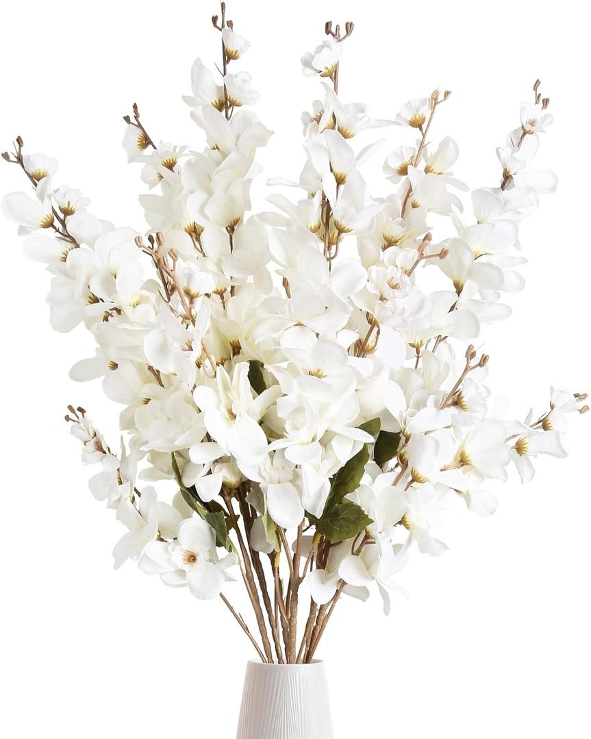 6PCS White Delphinium Artificial Flower Lifelike Larkspur Silk Flowers Plant 35.43'' Long Stem Blossoms Fake Flowers for Tall Vase Floral Arrangements Home Table Wedding Decor(White)