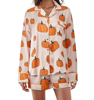 MBZJSDKHLK Women's Halloween Pajamas Set Silk Satin Pumpkin Print Long Sleeve Button Down Shirt 2 Piece Pjs Shorts Sets, M