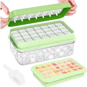 Ice Cube Tray with Lid and Bin, 28 pcs Ice Cubes Molds, Ice Trays for Freezer, Ice Cube Tray Mold, with 1 tray, Ice Freezer Container, Spill-Resistant Removable Lid & Ice Scoop, for Whiskey,Cocktail (Green)