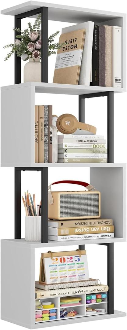 Gadroad 4-Tier Bookshelf, Narrow S-Shaped Geometric Bookcase, Wood Decorative Storage Shelving, Modern Freestanding Display Shelves, Book Shelf Unit for Living Room Bedroom Home Office, White