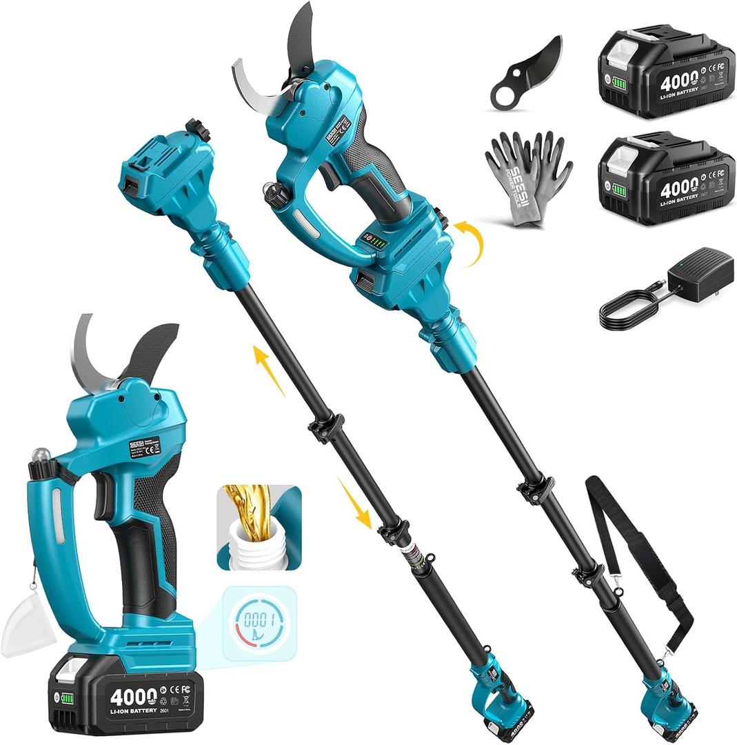 SEESII 2-in-1 Pole Electric Pruning Shears, 2.2" Cut Cordless Pole Pruner
One-Press Lubrication, 4 Modes, 2x4.0Ah Battery, 4000+ Cut, Brushless Motor, SK5 Blade, Power Garden Shears for Tree & Flower