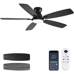 JSAITEE Ceiling Fans with Lights, 52 Inch Low Profile Ceiling Fan with Light and Remote Control, Flush Mount, DC Reversible Motor, Noiseless, Black 6 Speeds Ceiling Fan for Bedroom