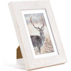 Fun Memories 5x7 Picture Frame, Natural Elm Wood, White, 5"x7" with Tempered Glass & Mat for 4x6, Rustic Wall & Tabletop Display, 1 Pack