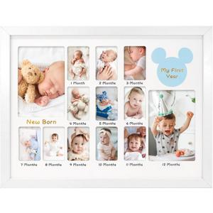 My First Year Photo Frame 12x16, Baby's First Twelve Months 4x6 and 2x3 Wallet Pictures Milestone Board Keepsake, as New Mom Baby Newborn Gift, White