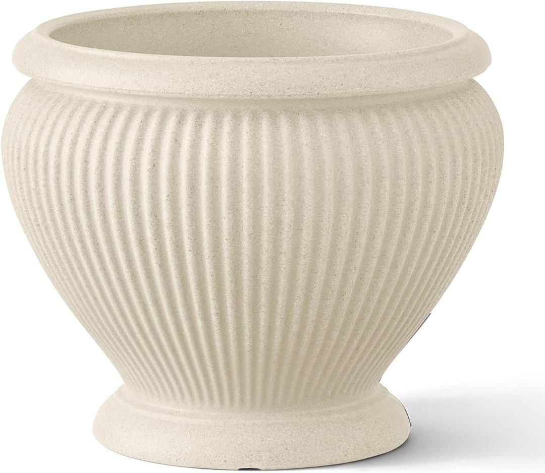ARBORA 18" Cannes Urn Polyresin Indoor and Outdoor Planter with Stone Blend Concrete Gray Finish - Durable, Weatherproof, Lightweight, Large Plant Pot for Patio, Garden, Deck, Entryway,Cream