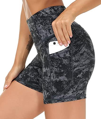 THE GYM PEOPLE High Waist Yoga Shorts for Women Tummy Control Fitness Athletic Workout Running Shorts with Deep Pockets (Large, Gray-Marble)
