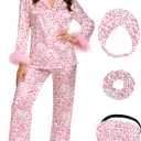 Silk Pajamas for Women with Feather Trim Long Sleeve Satin Pajama Set 2 Piece Button Down Pjs Print Sleepwear (Small, Pink Leopard)