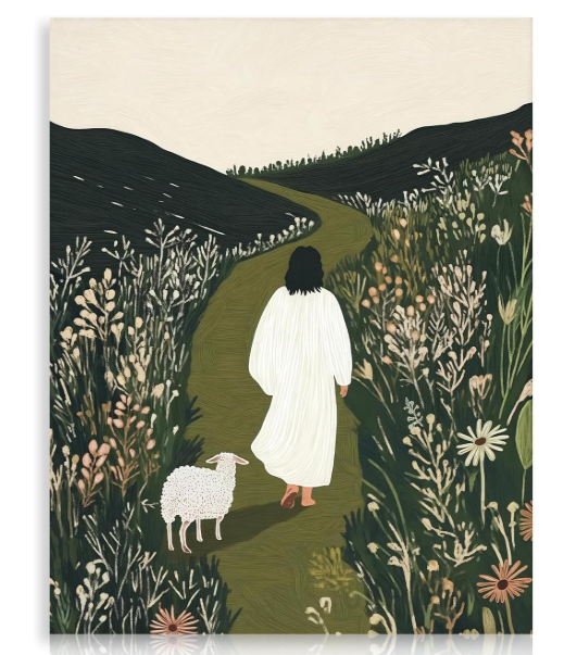 Dazzlewall Sage Green Christian Wall Art Decor, Jesus & Lamb Walking in Field Artwork Print Religious Canvas Painting for Church Bedroom Prayer Room, 12x16 in Unframed
