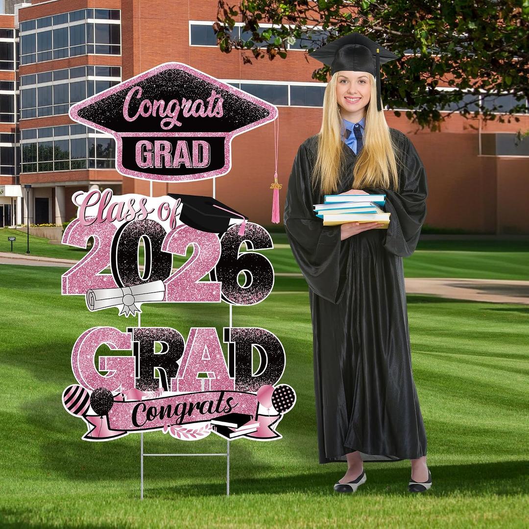 Graduation Yard Signs Class of 2026, 3-Pack Pink Congrats Grad Yard Sign with Metal Stakes and Whiteboards for Graduation Party Decorations Outdoor Party Supplies