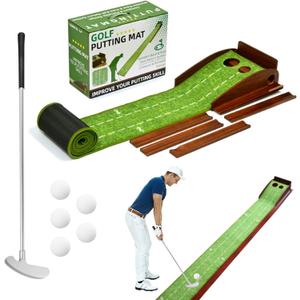Golf Putting Mat with Ball Return, Practice Golf Putting Green Training Aid for Indoor, Outdoor at Home, Office, Backyard with Putter and 5 Balls