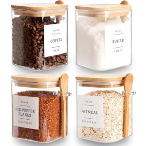 Set of 4 Square Glass Jar with Bamboo Lids and Spoons  Airtight 27 oz Borosilicate Glass Food Storage Contaienrs with 132 Kitchen Pantry Labels for Coffee, Tea, Sugar