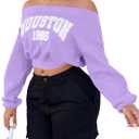 LovelyWholesale Women Off the Shoulder Sweatshirt Graphic Crop Tops Long Sleeve Shirts Neon Pink Medium (Pink, M)