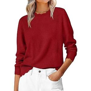 ANRABESS Sweaters for Women Loose Fit Lightweight Soft Dressy Scalloped Long Sleeve Pullover Tops 2025 Fall Casual Outfits  M, Red