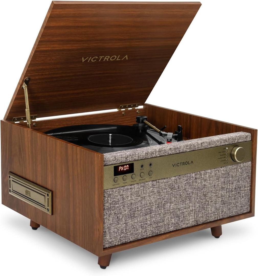 Victrola Century 6-in-1 Vinyl Record Player & Music Center 3-Speed Turntable, CD & Cassette Player, VINYLSTREAM, Bluetooth & 3.5mm Aux, Record Player with Speakers, Mid Century Design (Walnut)