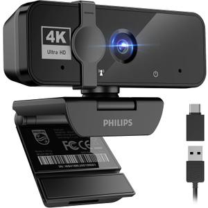 Philips 4K Webcam for PC with Microphone, Computer Camera for Meetings with Privacy Cover, Plug & Play USB Web cam for Laptop, Desktop, Zoom, Teams, Skype, Video Conferencing, Streaming - Black