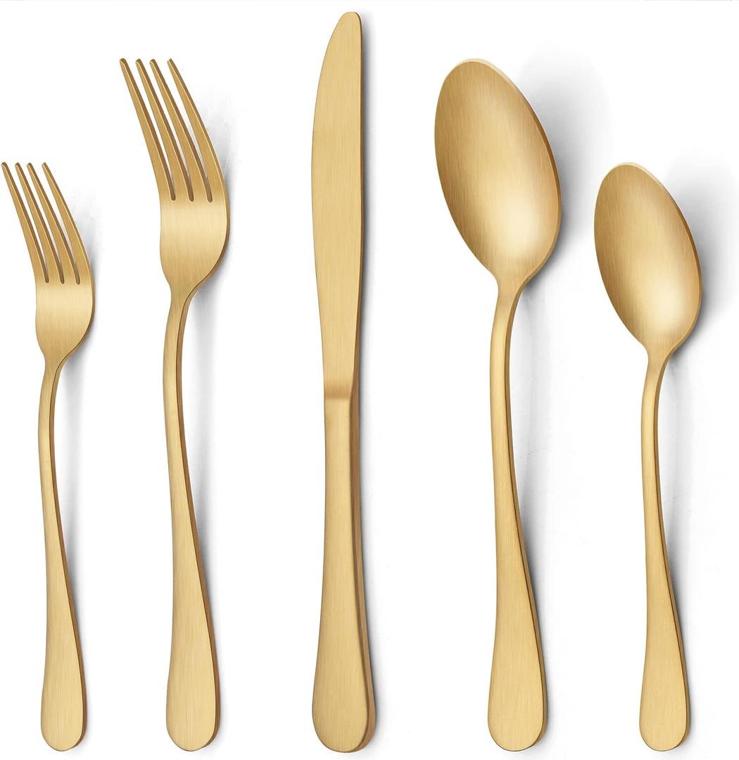 LIANYU 20 Piece Matte Gold Silverware Set, Stainless Steel Gold Flatware Cutlery Set for 4, Fancy Kitchen Utensil Tableware for Home Restaurant Party, Satin Finish, Dishwasher Safe