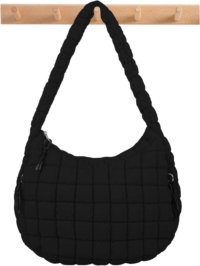 Quilted Puffer Tote Bag Puffy Crossbody Shoulder Bag with Zipper, Nylon Hobo Handbag Travel Carryall Bags for Women Girls (Large, Black)
