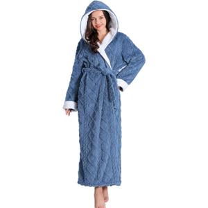 Hooded Robes for Women Long,Sherpa Trim Fleece Bathrobes With Hood Long Plush Soft Warm Winter Robes for Women (Blue, XL)