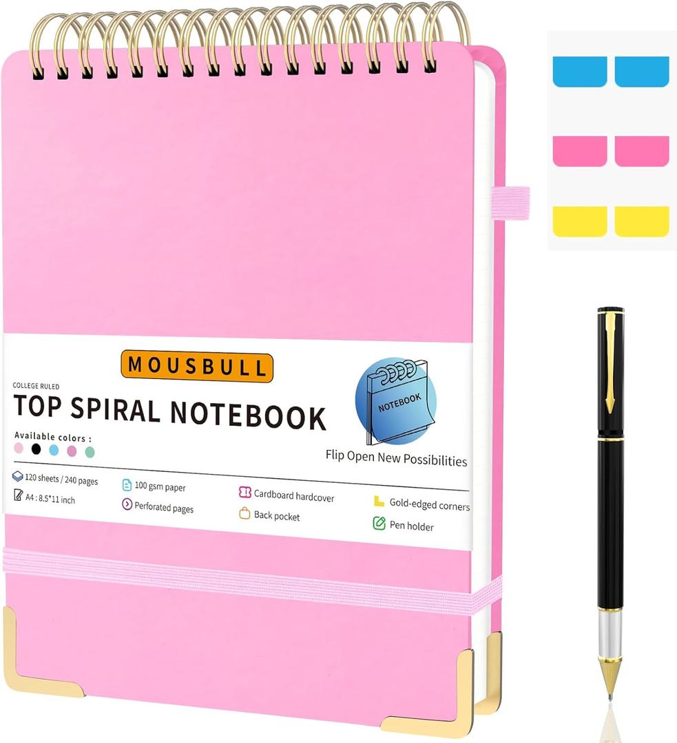 Top Spiral Notebook, A4 Hardcover Top Bound Steno Pads, 240 Pages 100gsm College Ruled Left Handed Notebook Journal for Work, School, Meeting Writing - Pink, 8.5" x 11"