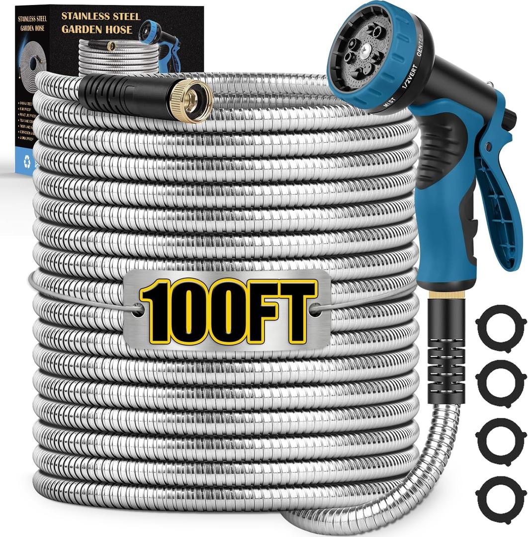 Metal Garden Hose 100FT, Stainless Steel Water Hose with 10 Function Nozzle, Solid Brass Fittings, Lightweight, Kink-Free & Dog Chew Proof for Lawn, Yard, RV, Car Wash, 550PSI