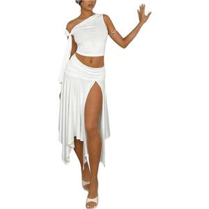 WDIRARA Women's 2 Piece Outfits Asymmetrical Neck Sleeveless Top and Split Thigh Ruffle Midi Skirt Set (Medium, White)