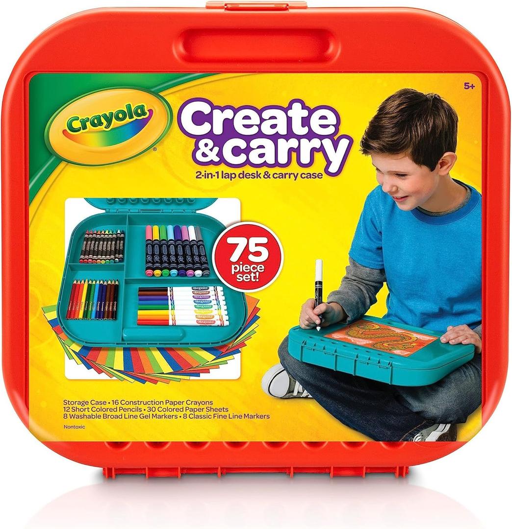 Crayola Create 'N Carry Art Set (75pcs), 2-in-1 Lap Desk & Carrying Case, Art Kit for Kids Crafts, Drawing & Coloring Supplies, Travel Gifts for Kids