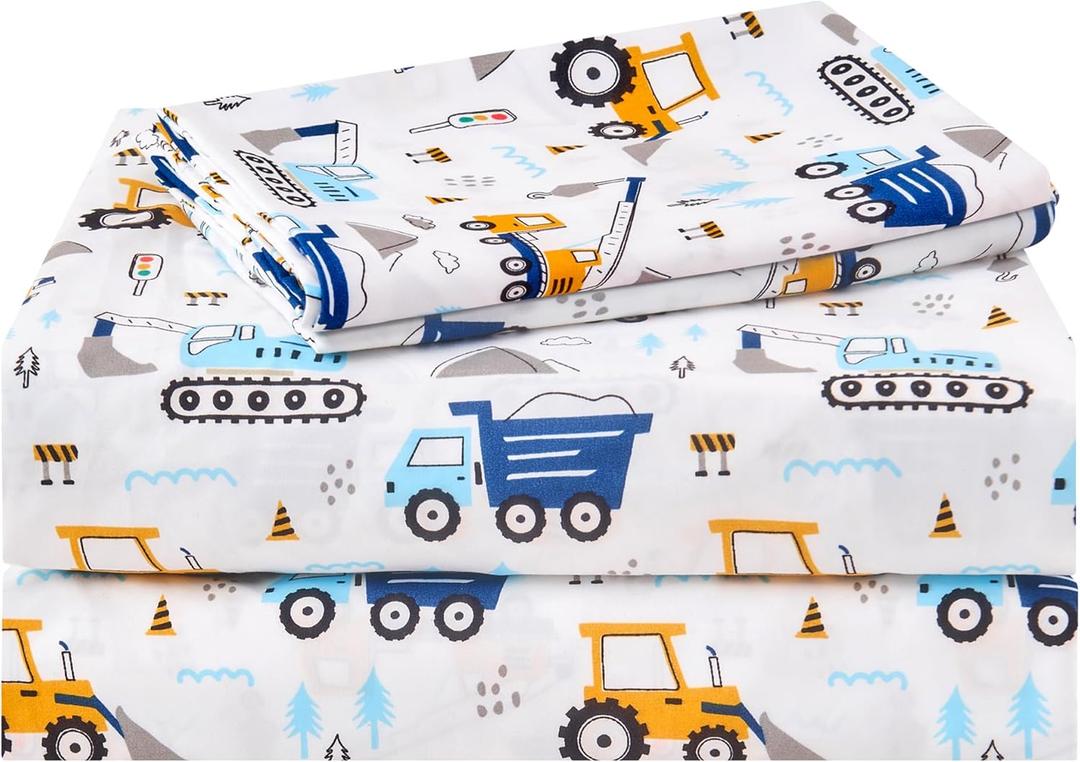 Lasoftan Kids Sheet Set Full Size, Boys Full Sheet Set with White Car PatternBreathable Silky Soft Microfiber Kids Fitted Sheet