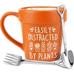 14oz Large Plant Mug With Shovel Spoon & Fork Easily Distracted By Plants Flower Pot Coffee Mug Gardening Mug - Handmade Plant Lover Gifts Idea for Women Grandma Mom Mothers Day Christmas