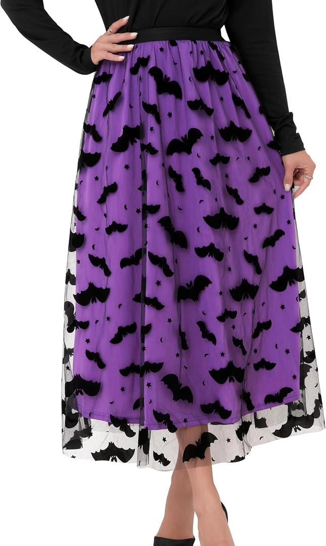 Women Pumpkin Skirt Elastic Waist Layered Mesh Midi Skirt Party Costume (L)