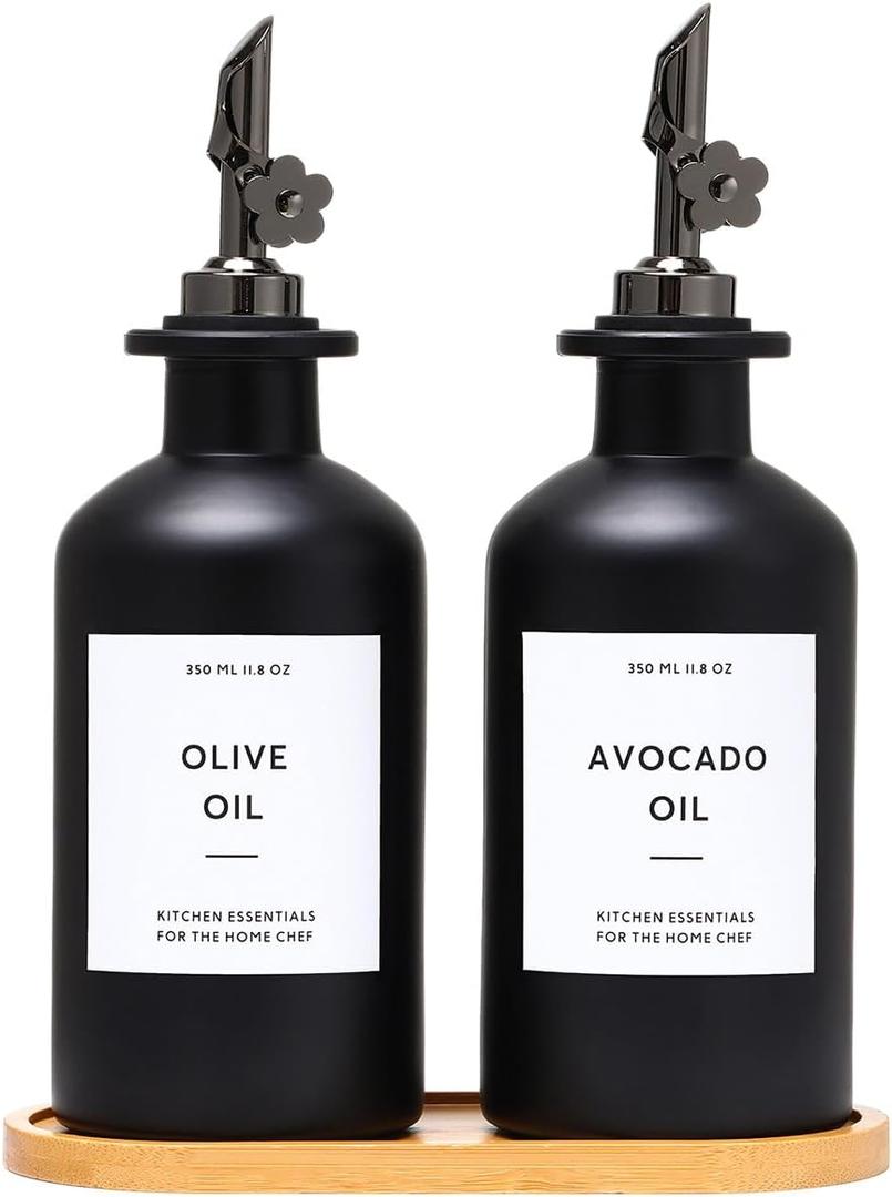 HOMCDALY Olive Oil Dispenser for Kitchen, 11.8oz Glass Kitchen Dispenser Bottle, Black Oil&Vinegar Cruet Set, Leakproof Olive Oil Bottles | Set of 2 (11.8oz  Black) (Black&Black Spout+Tray)