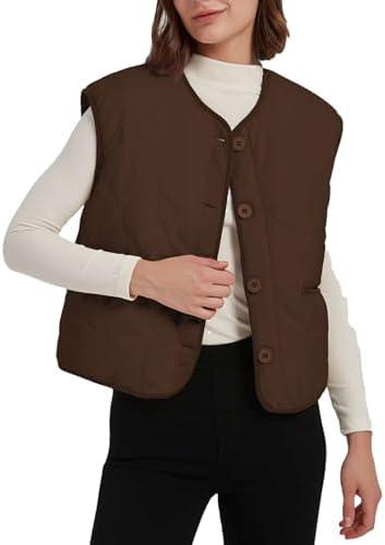 Lingjiazi Women's Fall Quilted Puffer Vest Sleeveless Winter Reversible Sherpa Fleece Jacket Outwear with Pockets, L