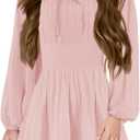 Batermoon Girls Long Sleeve Square Neck Casual Boho Smocked Short Dresses 5-14 Years