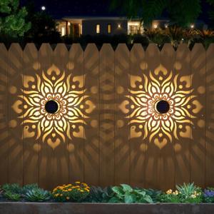 2 Pack Solar Fence Lights Metal Solar Powered Outdoor Wall Deck Step Lights Mandala Theme Waterproof Fence Light for Garden Post Patio Backyard Yard Decor, Gardening Gifts for Women Mom Grandma