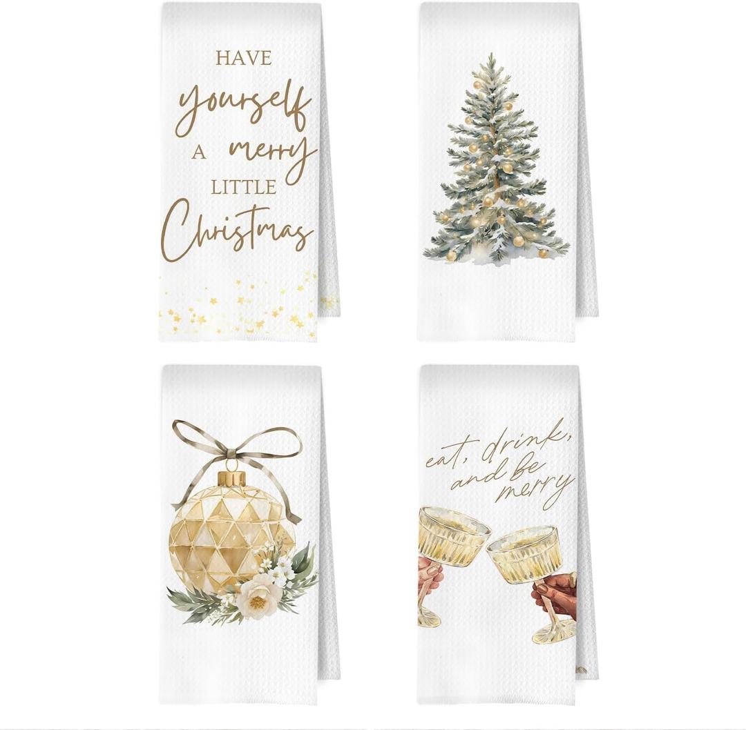 Gold Christmas Kitchen Towels Set - Champagne Gifts Waffle Weave Dish Towels for Kitchen, Have Yourself a Merry Little Christmas Hand Towel, Champagne Gifts Tea Towel, 16x24 Inches Set of 4