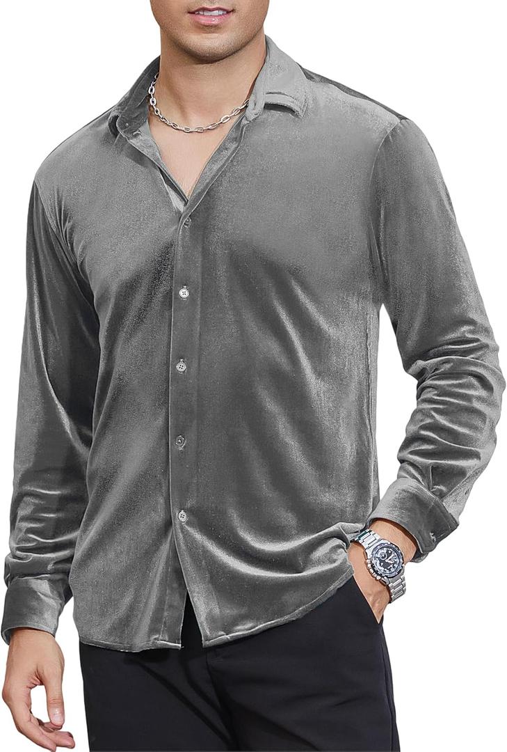 Alex Vando Mens Velvet Shirts Regular Fit Long Sleeve Soft Stretch Casual Button Down Shirt (Silver, L)