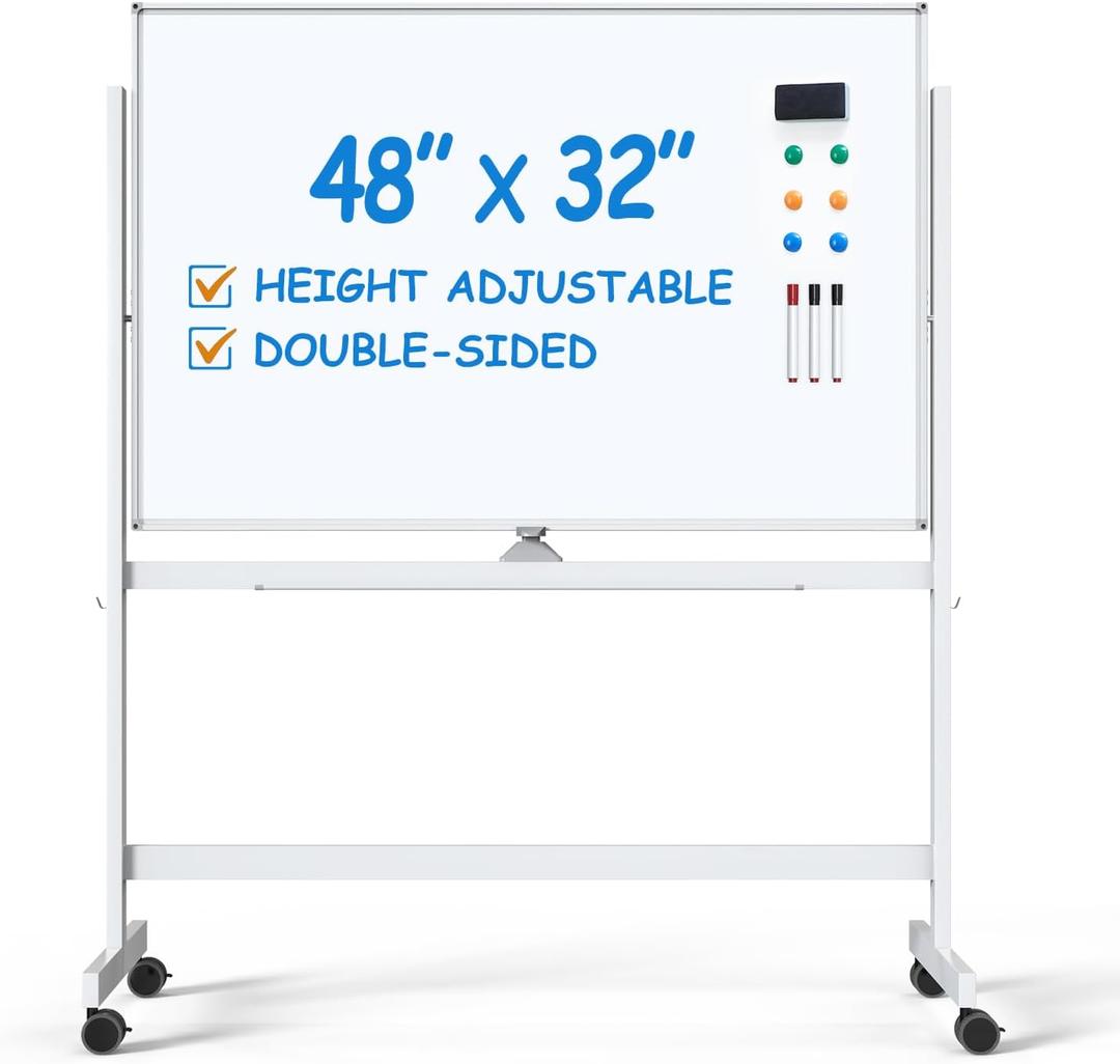 Large Dry-Erase Rolling Magnetic Whiteboard - 48 x 32 Inches White Board Height Adjust Double Sides Mobile Portable Easel on Wheels, Dry Erase Board with Stand for Office, Home & Classroom