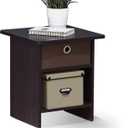 Furinno Dario Side Table with Bin Drawer, Black End Table with Open Shelves, Night Stand, Bedside Table for Living Room, Bedroom, Home Office, Dark Mocha