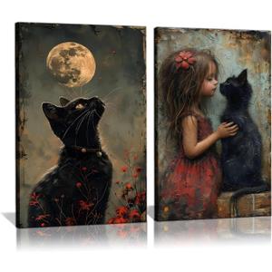 2Pcs Black Cats Preppy Canvas Wall Art Whimsical Gothic Cat Wall Decor Vintage Fun Cool Girls Mysterious Animal Posters Prints Cat Lovers Pictures Paintings Bedroom Living Room Dorm Decor 16x24 Inch