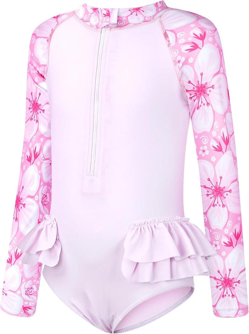 JiAmy Girls Swimsuits - One Piece Bathing Suit, Long Sleeve Zipper UPF 50+, Quick Dry Beach Swimwear for Kid 4-12 Years (Pink)