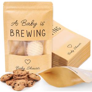 Whaline 50 Pack Kraft Resealable Bags Mini Coffee Baby Shower Favor Bag A Baby is Brewing Stand Up Pouches Bag with Window for Gender Reveal Party Donuts Goodie Candy Gifts Supplies, 3.9 x 5.9 In