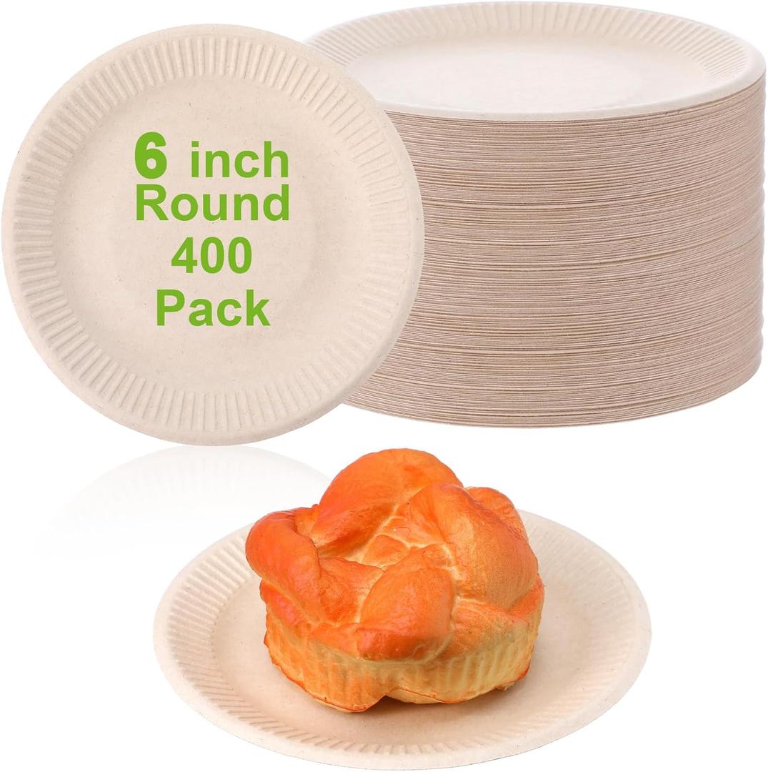 400 Count Brown Disposable Plates, 6 Inch Unbleached Paper Plates, Heavy Paper Plate, Eco Friendly Sugarcane Pulp for Party Wedding Picnic BBQ