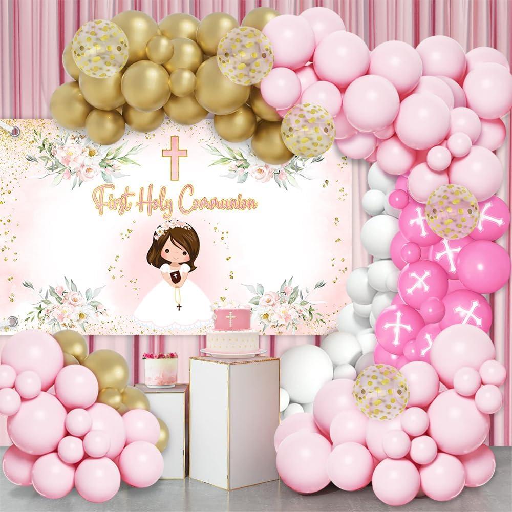 MEHOFOND First Holy Communion Baptism Decorations for Girls, Pink White Gold Balloon Garland Kit with Floral Cross Backdrop God Bless Christening Party Supplies
