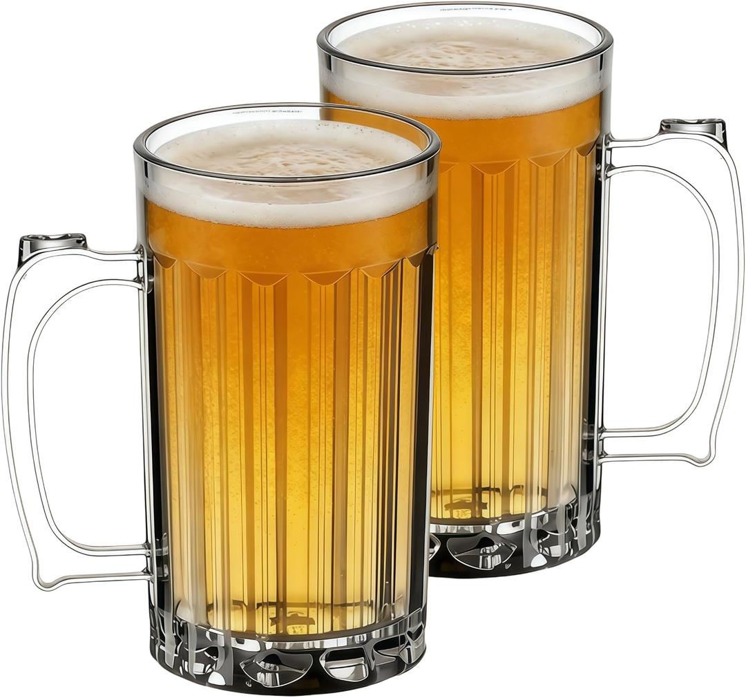 23oz Plastic Beer Mugs with Handle Set of 2, Reusable Clear Beer Stein Drinking Cups for Party Bar Home Hotel, Perfect for Cocktail Juice Beverages