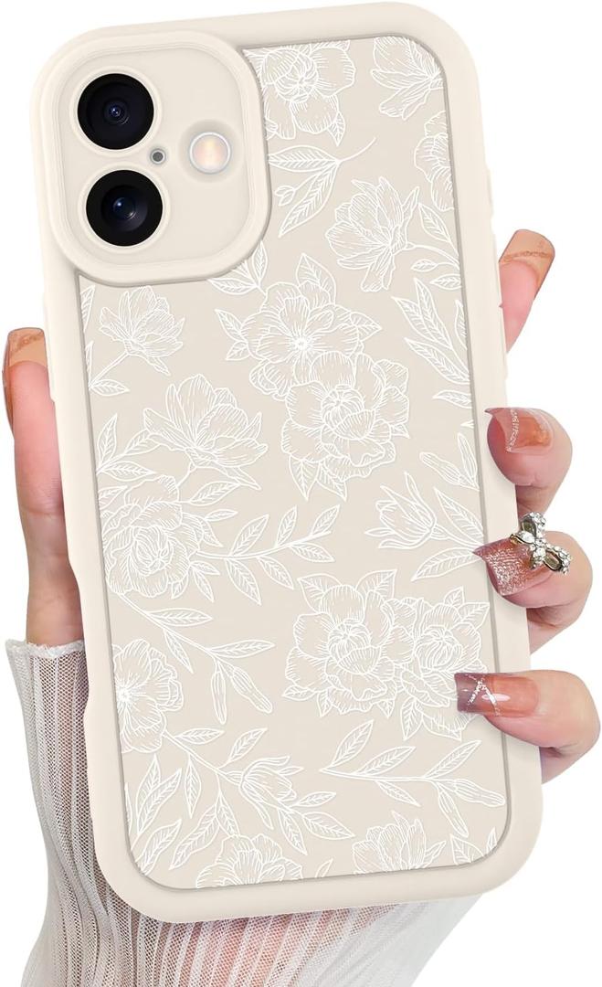 MZELQ for iPhone 16 Case, Silicone Floral Flower Cute Pattern, Camera Protection Soft Slim Shockproof for Girls Women -White