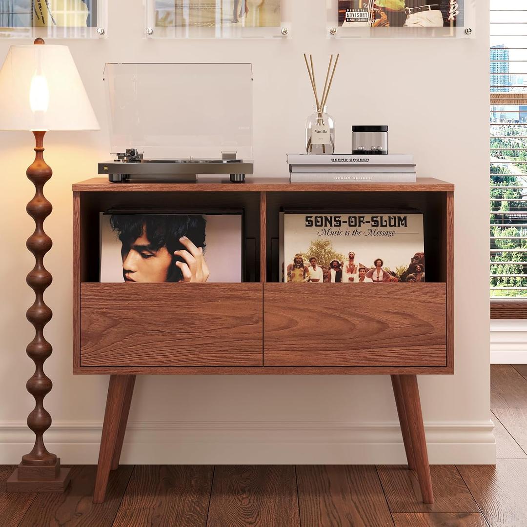 BROTTAR Mid Century Modern Record Player Stand with Vinyl Storage, Brown