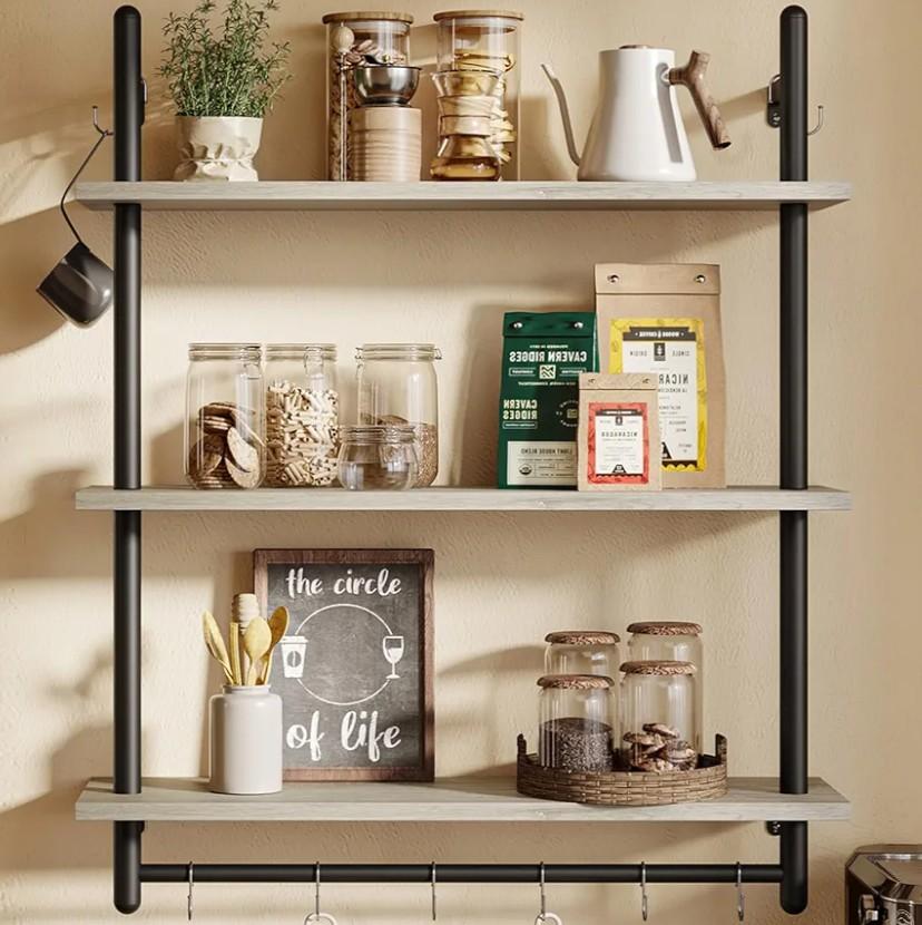 Bestier 3 Tier Industrial Pipe Shelving, Floating Book Shelves for Wall, Storage Hanging Shelves with Towel Bar for Bathroom Organizer Bedroom Kitchen Plants Office. 31.5 Inch Retro Grey