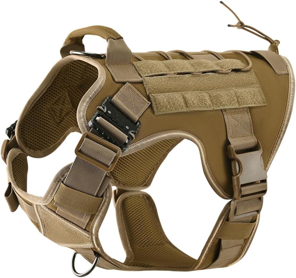 Tactical Dog Harness, 2X Metal Buckle, Military Reflective Dog Harness with Hidden Airtag Holder and Handle, Adjustable No-Pull Service Dog Vest with Molle & Loop Panels (Khaki)